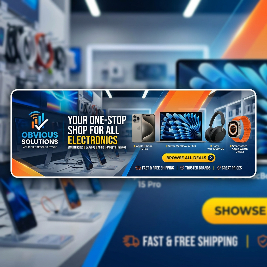 Obvious Solutions electronics store banner featuring Apple iPhone 15 Pro, Silver MacBook Air M3, Sony WH-1000XMS headphones, and Smartwatch Apple Watch Ultra 2 with fast free shipping.